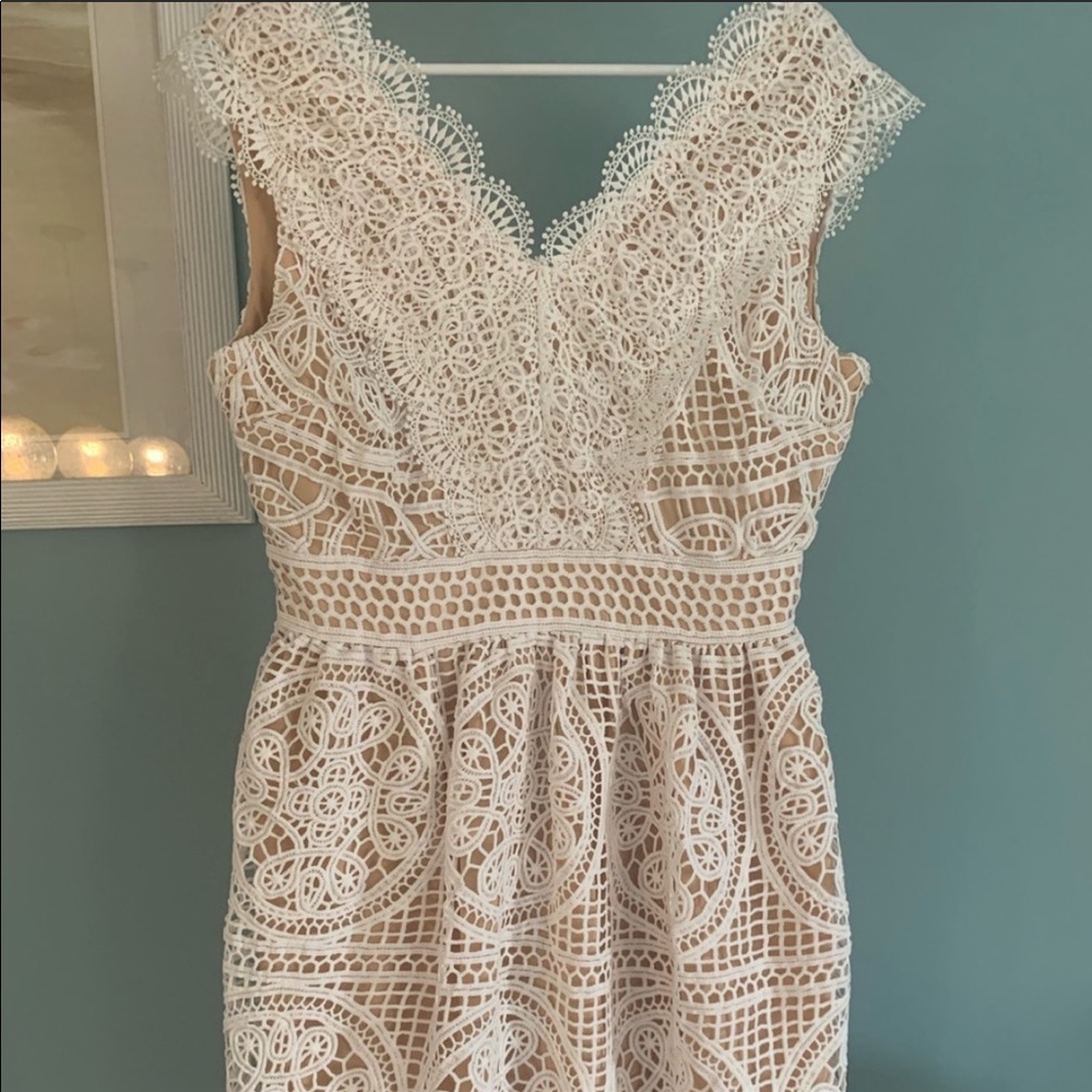 NWOT white  crochet dress w/ attached nude slip L